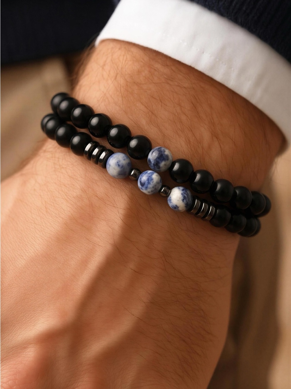Men's Black Beaded Bracelet Set with Blue Marble Accents